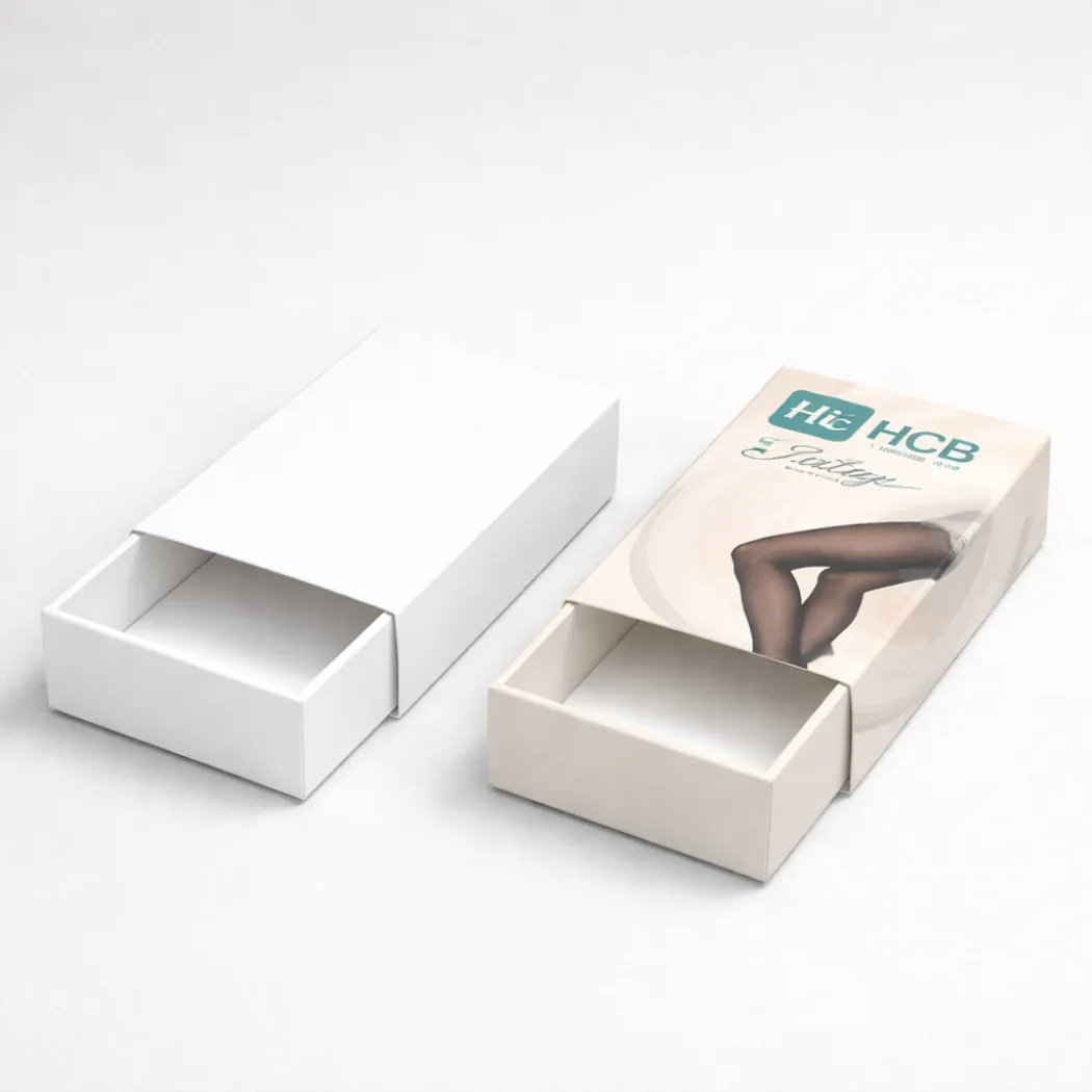 Two premium cardboard drawer-style boxes- one plain white and one with printed hosiery branding- class=
